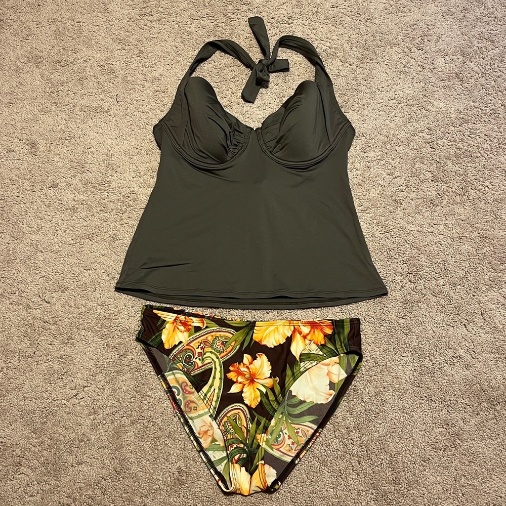 Tommy Bahama Olive Green Tankini Top with Floral Bikini Bottom